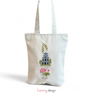 Túi xách dọc be thêu Tháp rùa Hà Nội 30*34cm